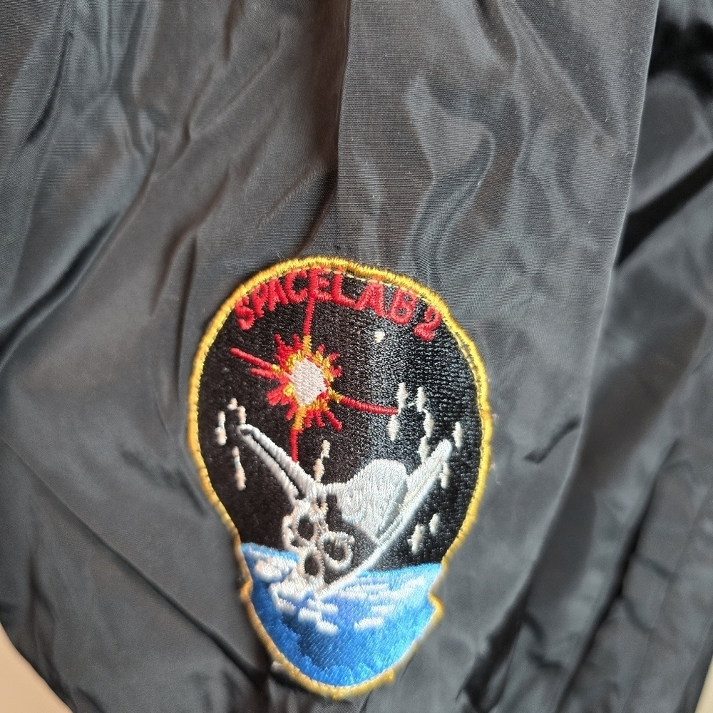NASA Bomber Jacket With Patches Chemistry Brand Black With Orange Lining Sz Larg - Picture 5 of 16